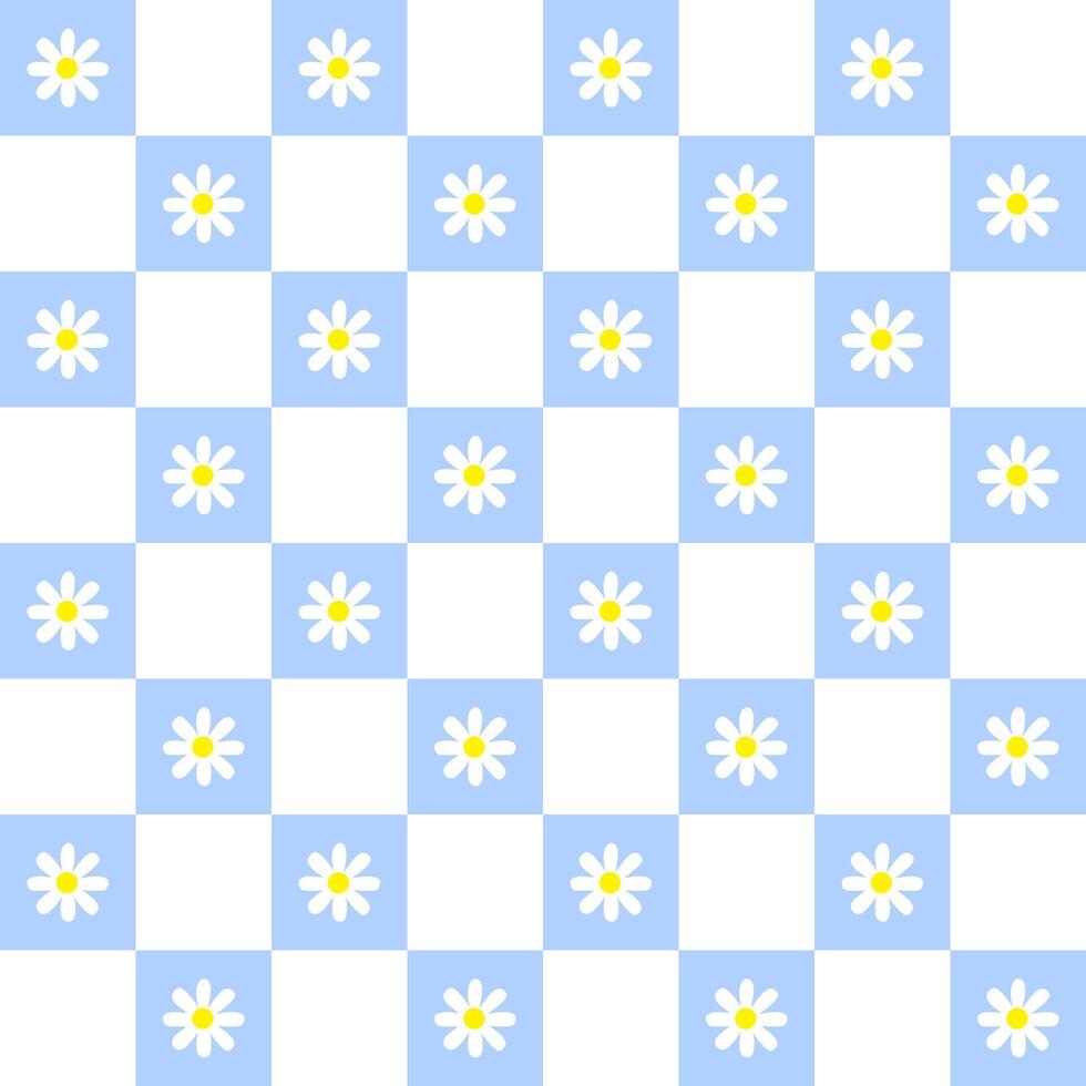 Flowers blue and white chess grid seamless pattern. White Daisy Flower. modern elements. Illustration 10 eps. vector