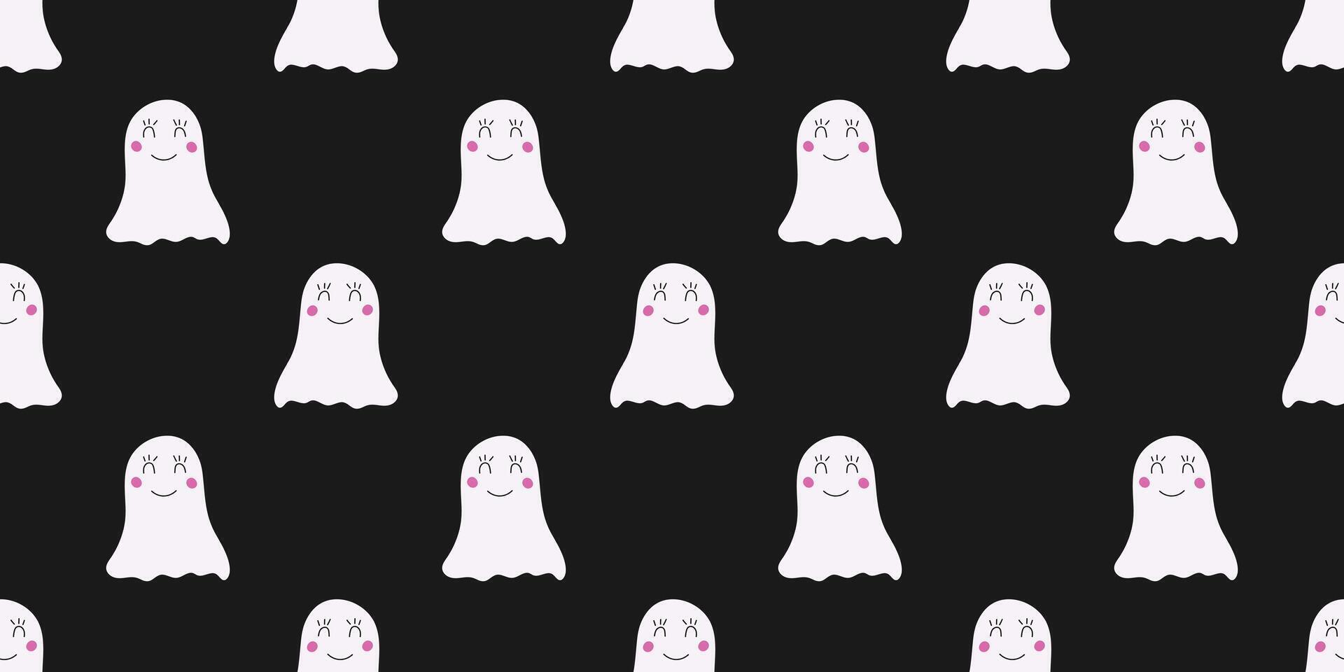 Seamless pattern for Halloween with spooky ghost on black background. Holiday backdrop for wrapping paper, fabric, textile, scrapbook. vector