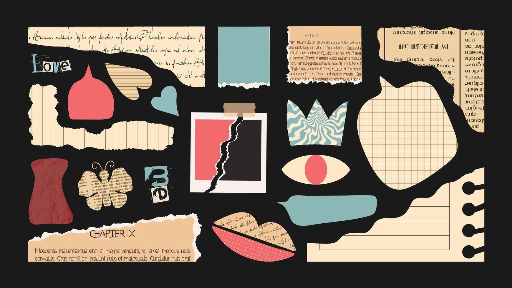 Crumpled torn paper sheet. Notebook pieces jagged edges. Collage ripped frame, speech bubbles and textbox. Newspaper Collage fragments vector