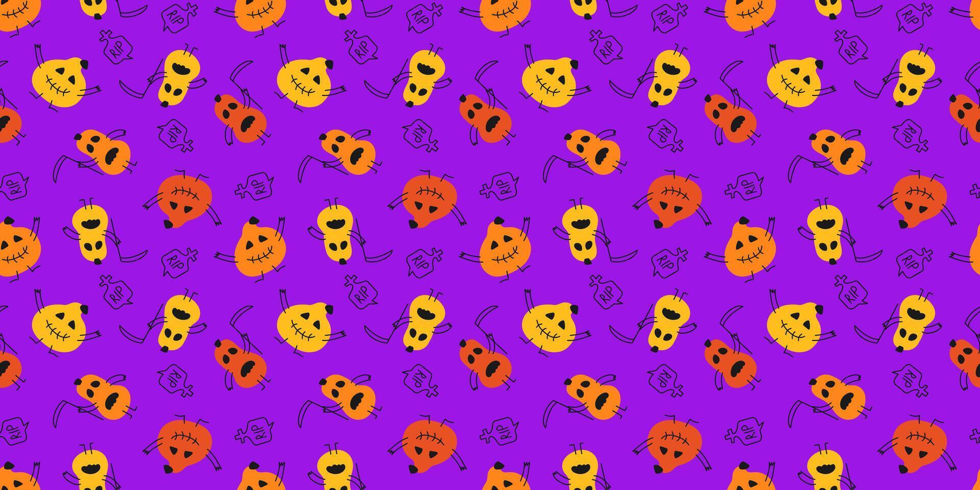 Repeatable funny Halloween Pumpkins Pattern on violet backdrop. Emotional hand drawn characters on seamless design. Rip, grim Reaper vector