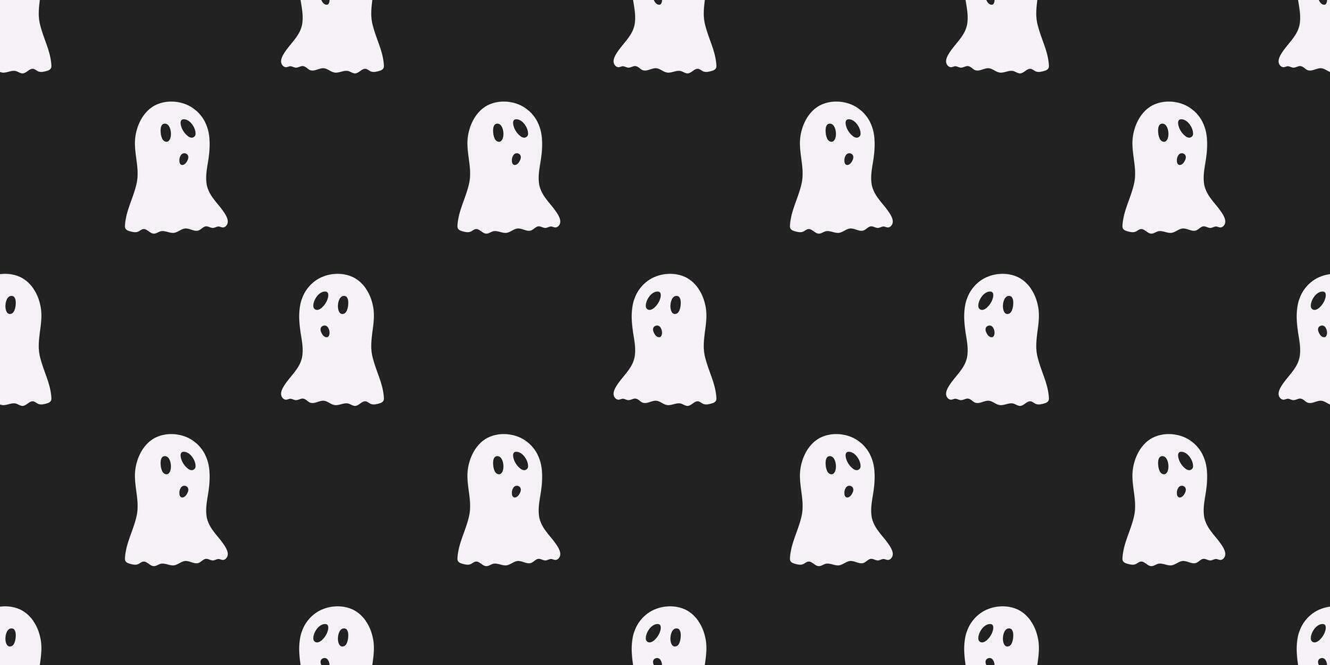 Ghost Seamless pattern for Halloween on black background. Holiday backdrop for wrapping paper, fabric, card, cover. White fun minimalist hand drawn element for holiday vector