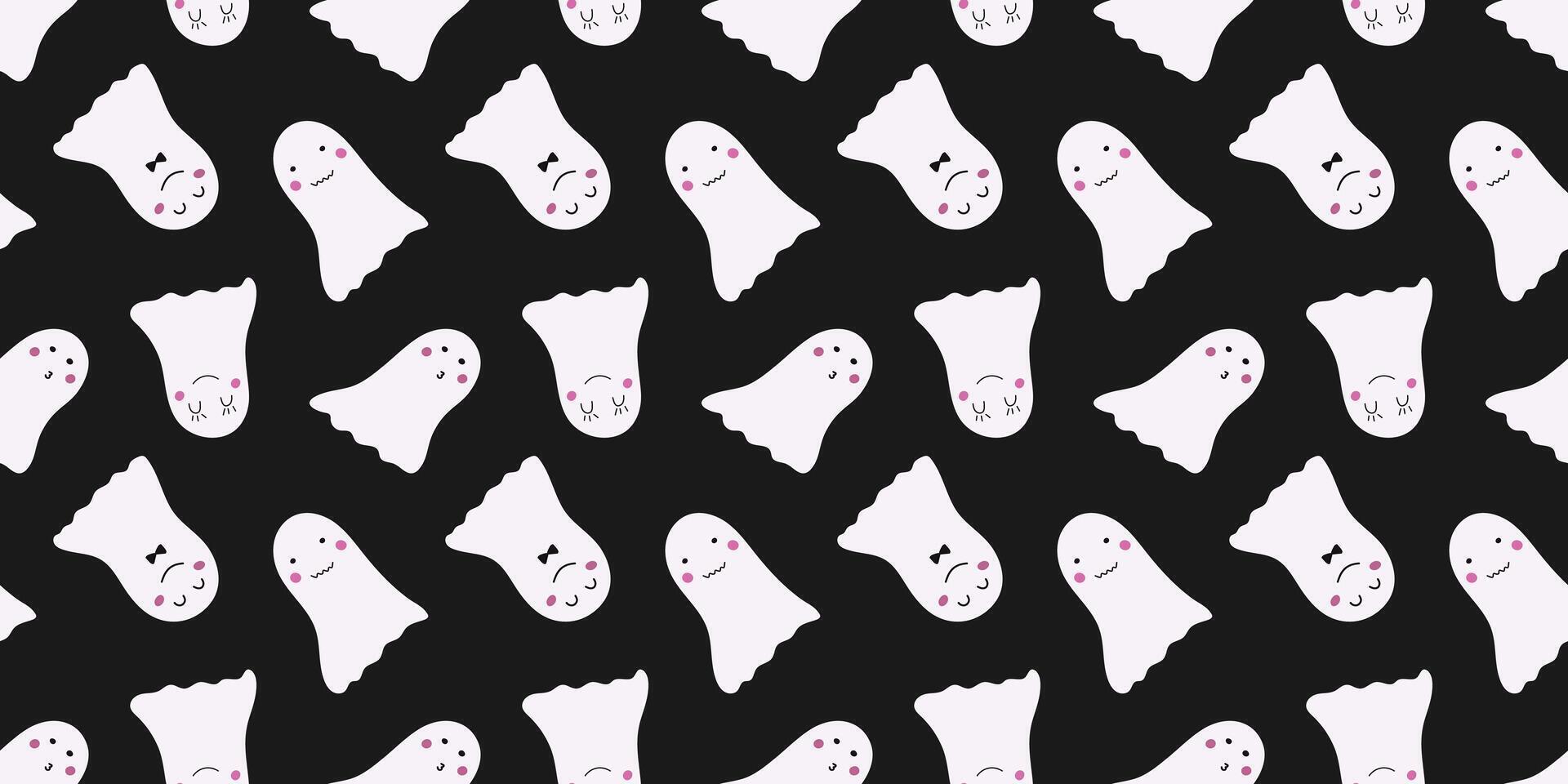 Ghosts seamless pattern in hand drawn style on black background. Flying Phantoms. Halloween scary ghostly monsters. Cute spooky characters. Holiday Silhouettes. vector