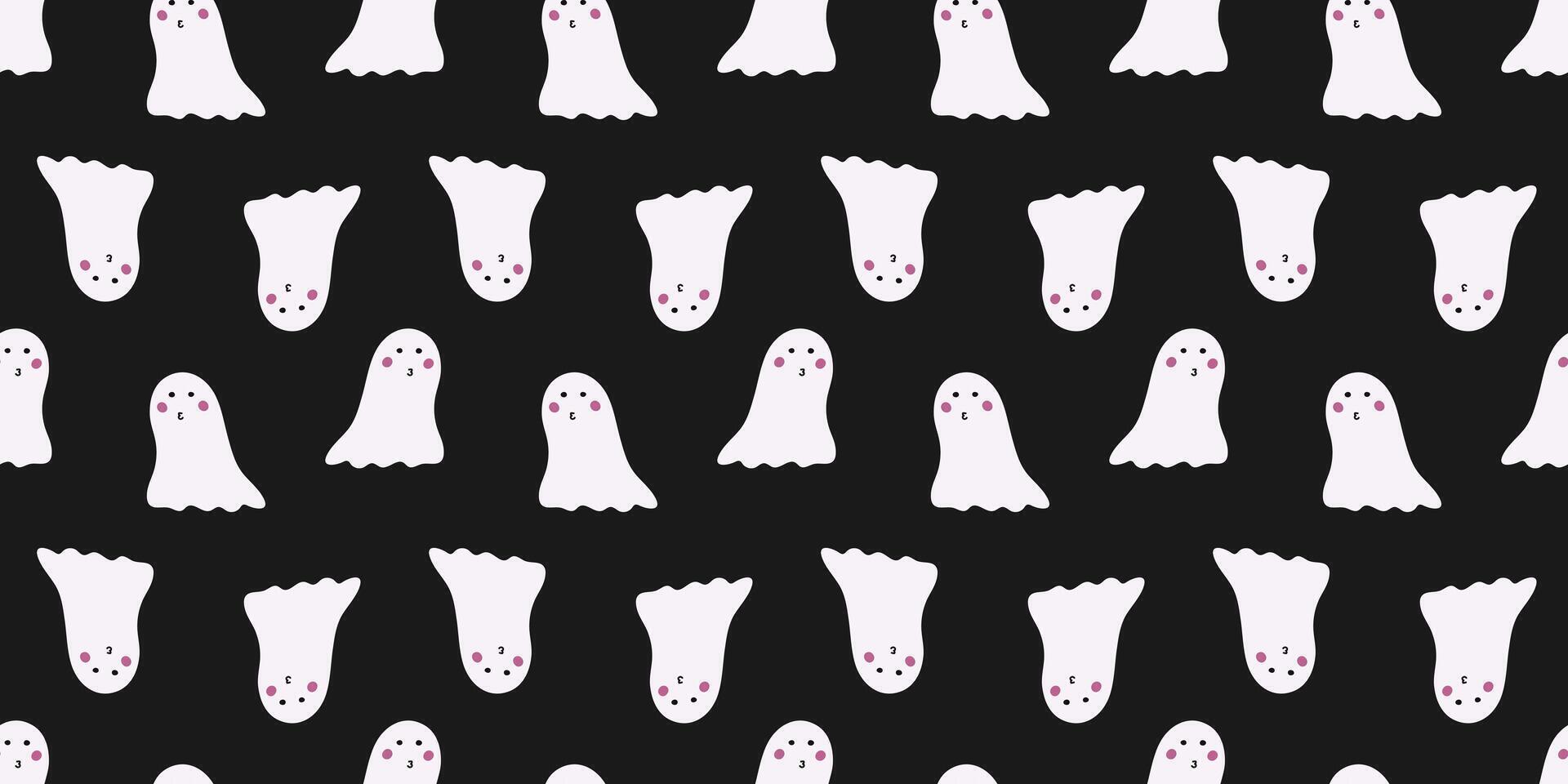 Seamless Halloween pattern of cute funny Ghosts on black background. hand drawn minimalist endless illustration vector