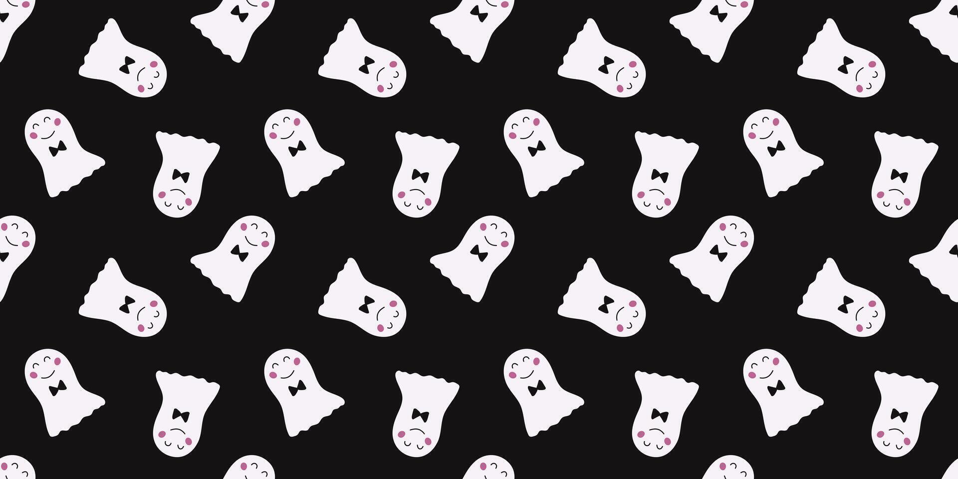 Halloween Seamless pattern with hand drawn cute Ghost on dark background. Holiday backdrop for wrapping paper, fabric, textile, scrapbook. White fun minimalist element for holiday vector