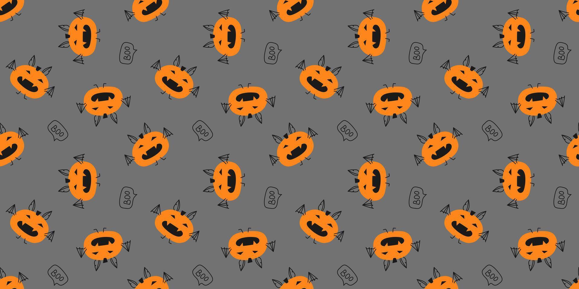 Hand drawn funny Pumpkin Bat on seamless Halloween pattern. Funny minimalist illustration for prints and cards with grey background. vector