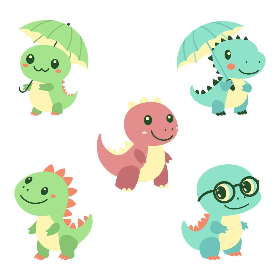 Set of Adorable Baby Dinosaur Mascot Cartoon Character Playing While Smiling vector
