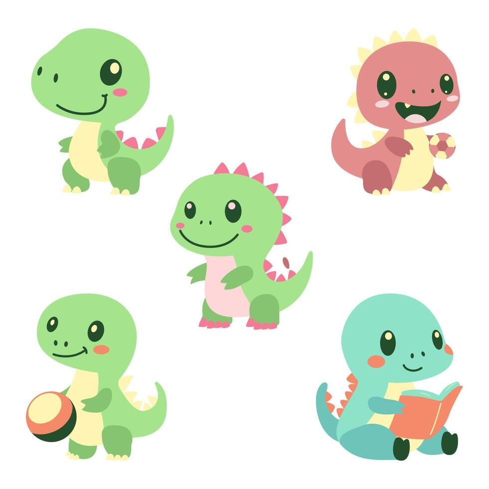 Set of Cute Baby Dinosaur Mascot Cartoon Character Playing Ball Reading Book While Smiling vector