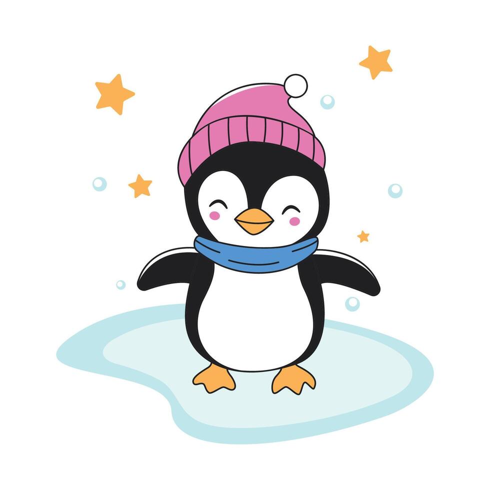 Cute Penguin Animal Character Wearing Hat Scarf Warm Clothes Standing on Polar Ice in Snow Season vector