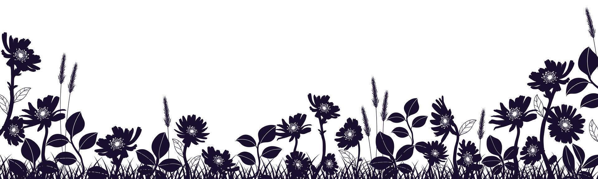 Hand drawn floral banner decorated with wild silhouettes of flowers and leaves. vector