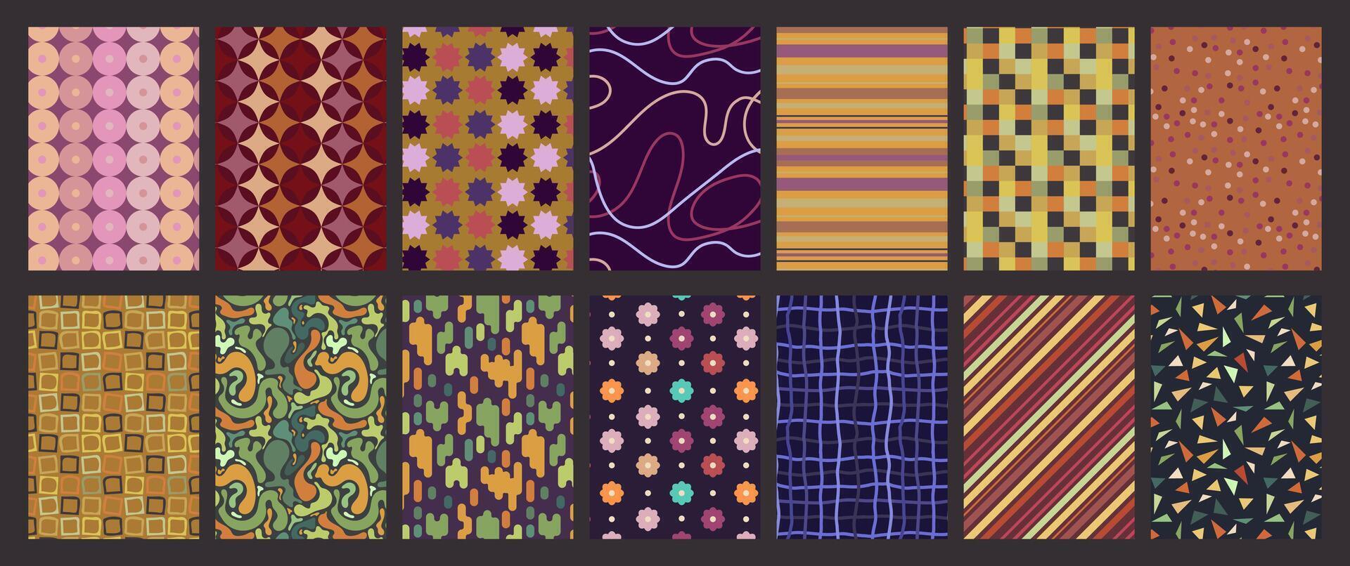Hand drawn collection of simple funky geometrical patterns with cute elements. Groovy designs with retro vibes. Abstract colorful art for posters, flyers, cards, wallpapers, print. vector