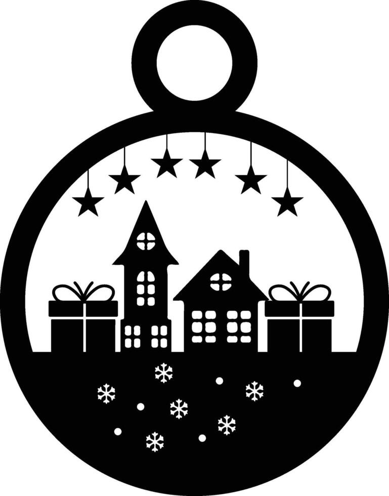 A black and white christmas ornament with a house and stars vector