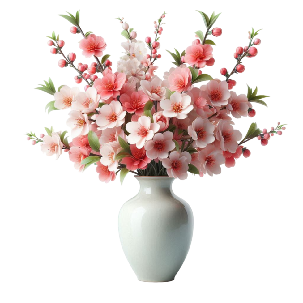 A white vase with pink flowers for room decoration isolated on transparent background png