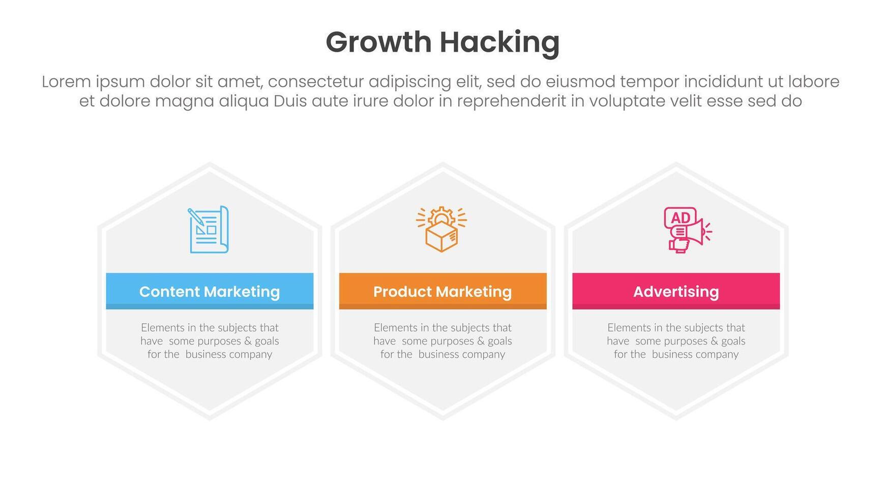 growth hacking infographic 3 point with big hexagon hexagonal horizontal for slide presentation vector