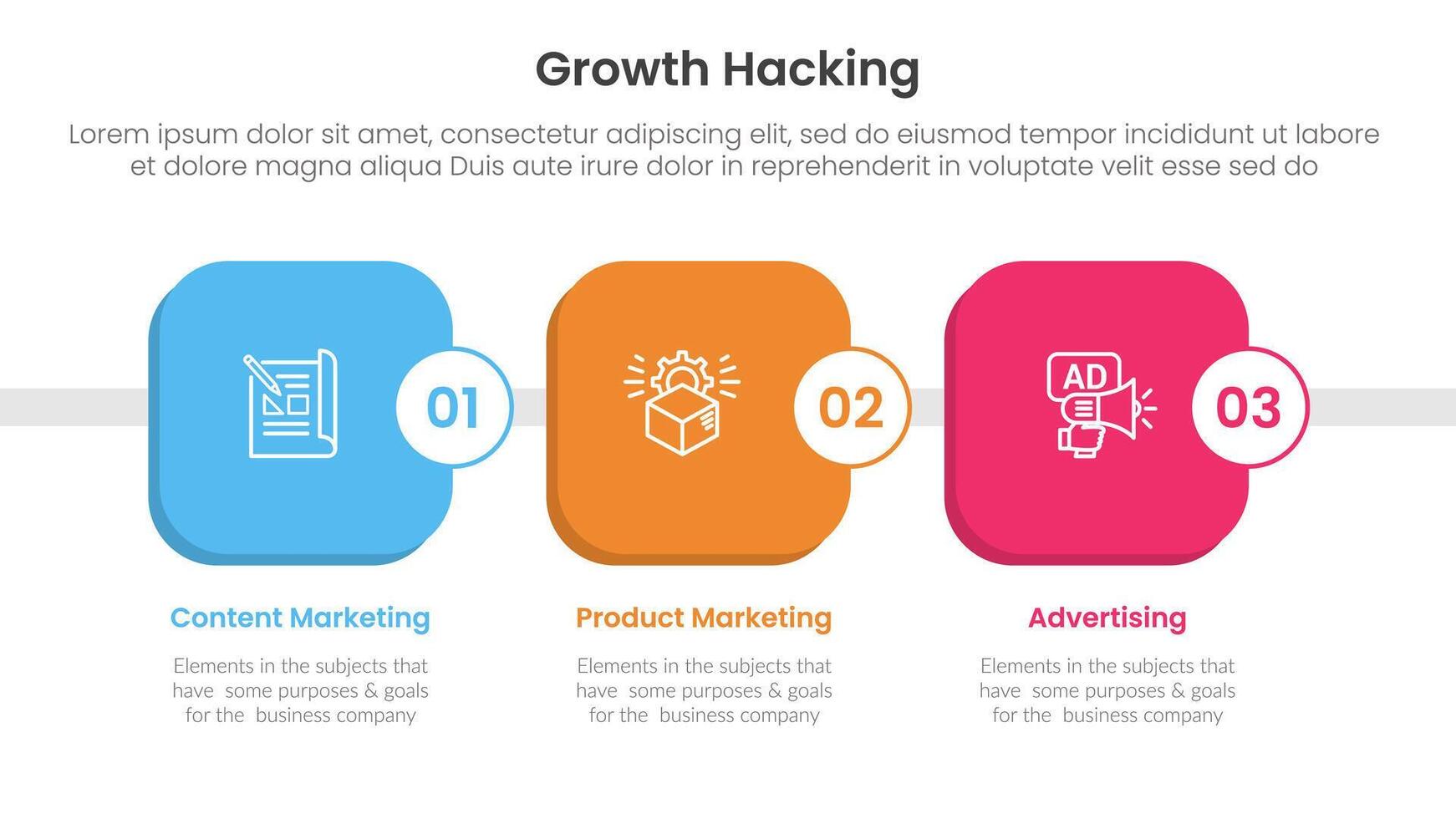 growth hacking infographic 3 point with round square box timeline style for slide presentation vector