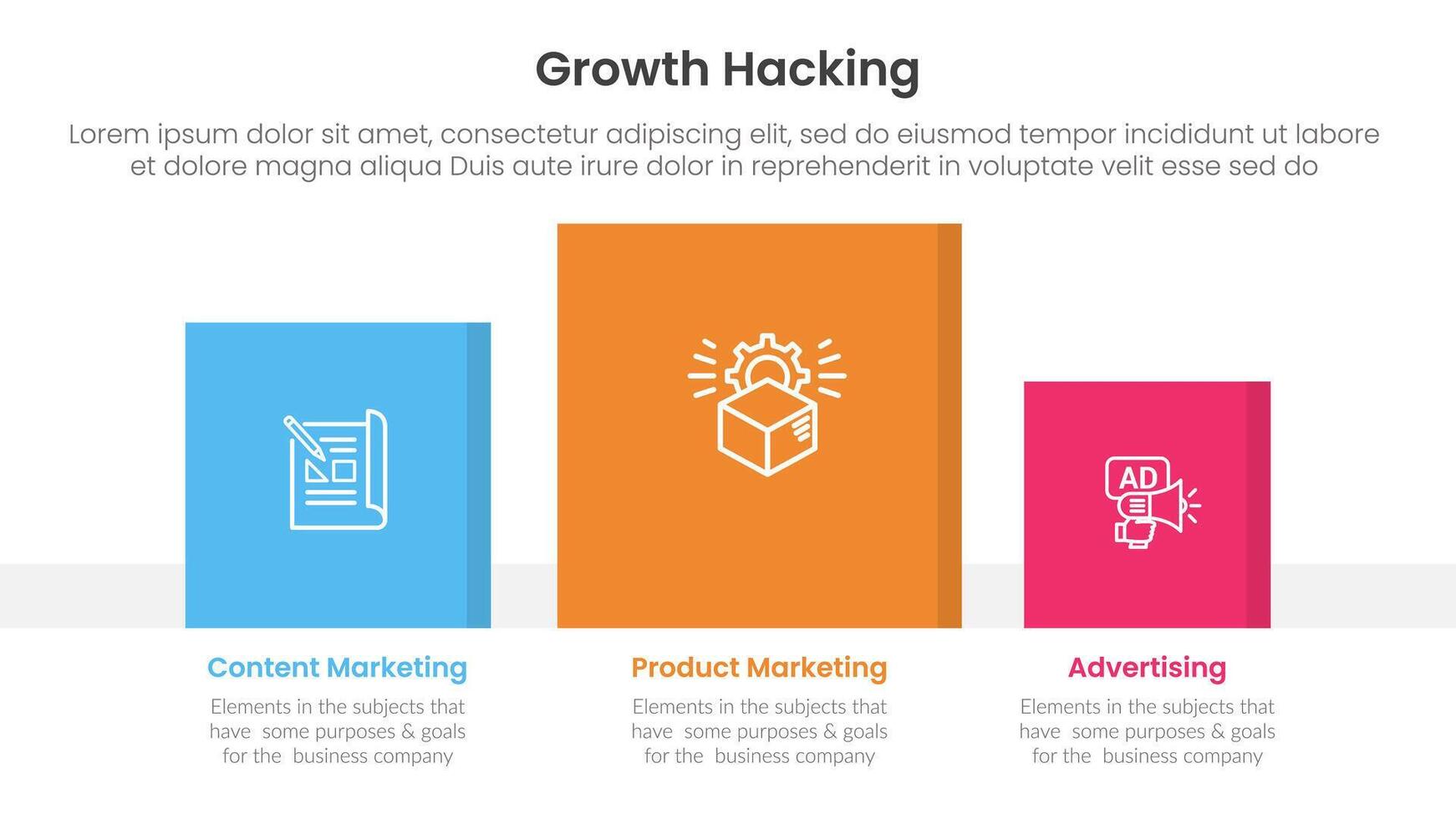 growth hacking infographic 3 point with square chart data box right direction for slide presentation vector