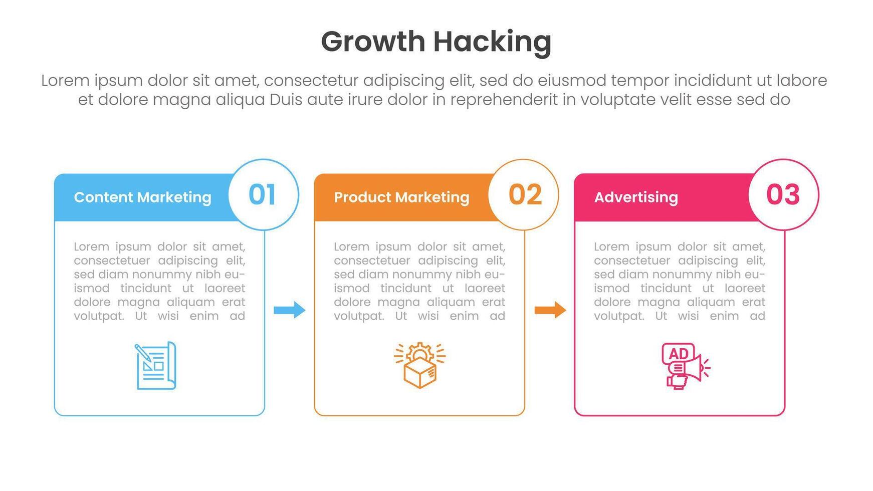 growth hacking infographic 3 point with box outline and badge arrow for slide presentation vector