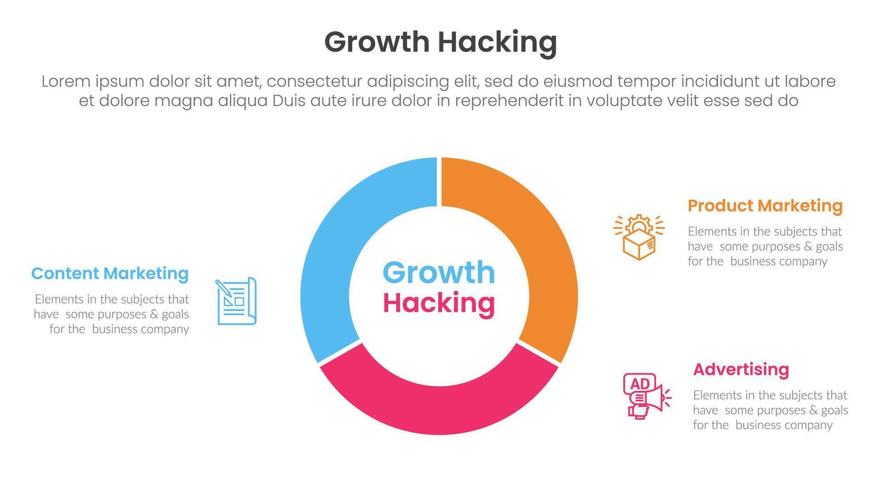 growth hacking infographic 3 point with circle pie chart diagram cutted outline for slide presentation vector