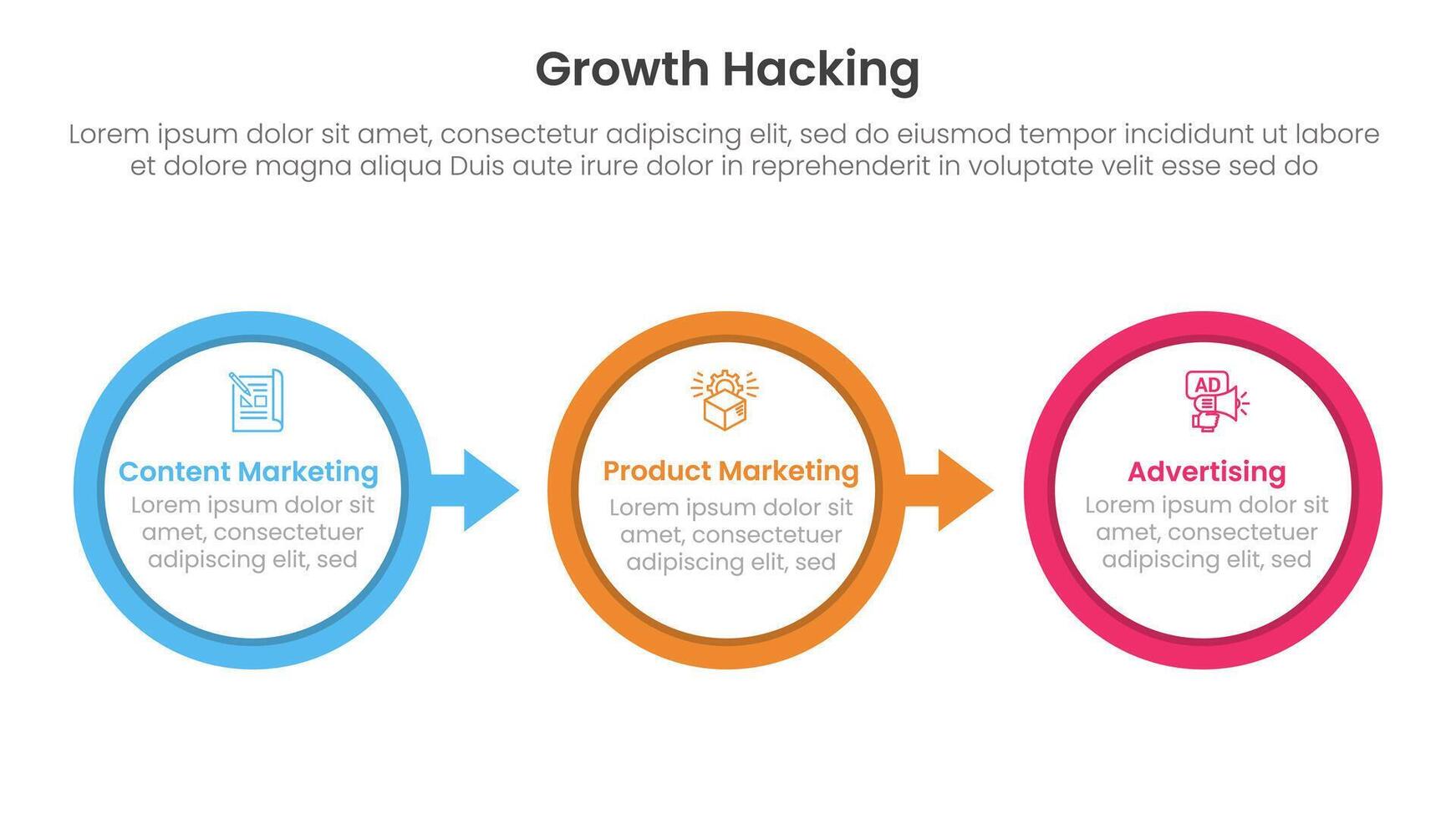 growth hacking infographic 3 point with big outline circle arrow right direction for slide presentation vector