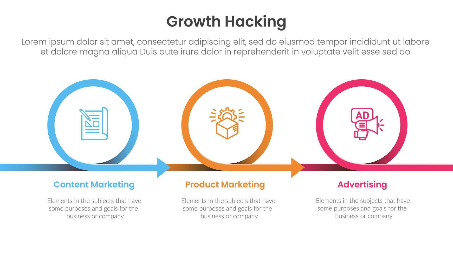growth hacking infographic 3 point with circle or circular arrow right direction for slide presentation vector
