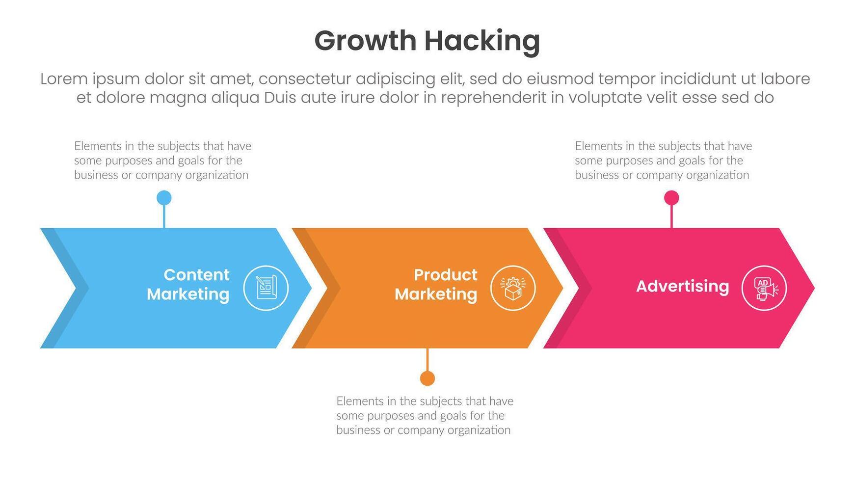 growth hacking infographic 3 point with arrow right direction horizontal line for slide presentation vector