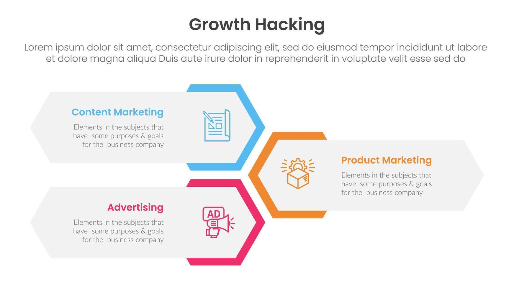 growth hacking infographic 3 point with vertical hexagon shape layout for slide presentation vector