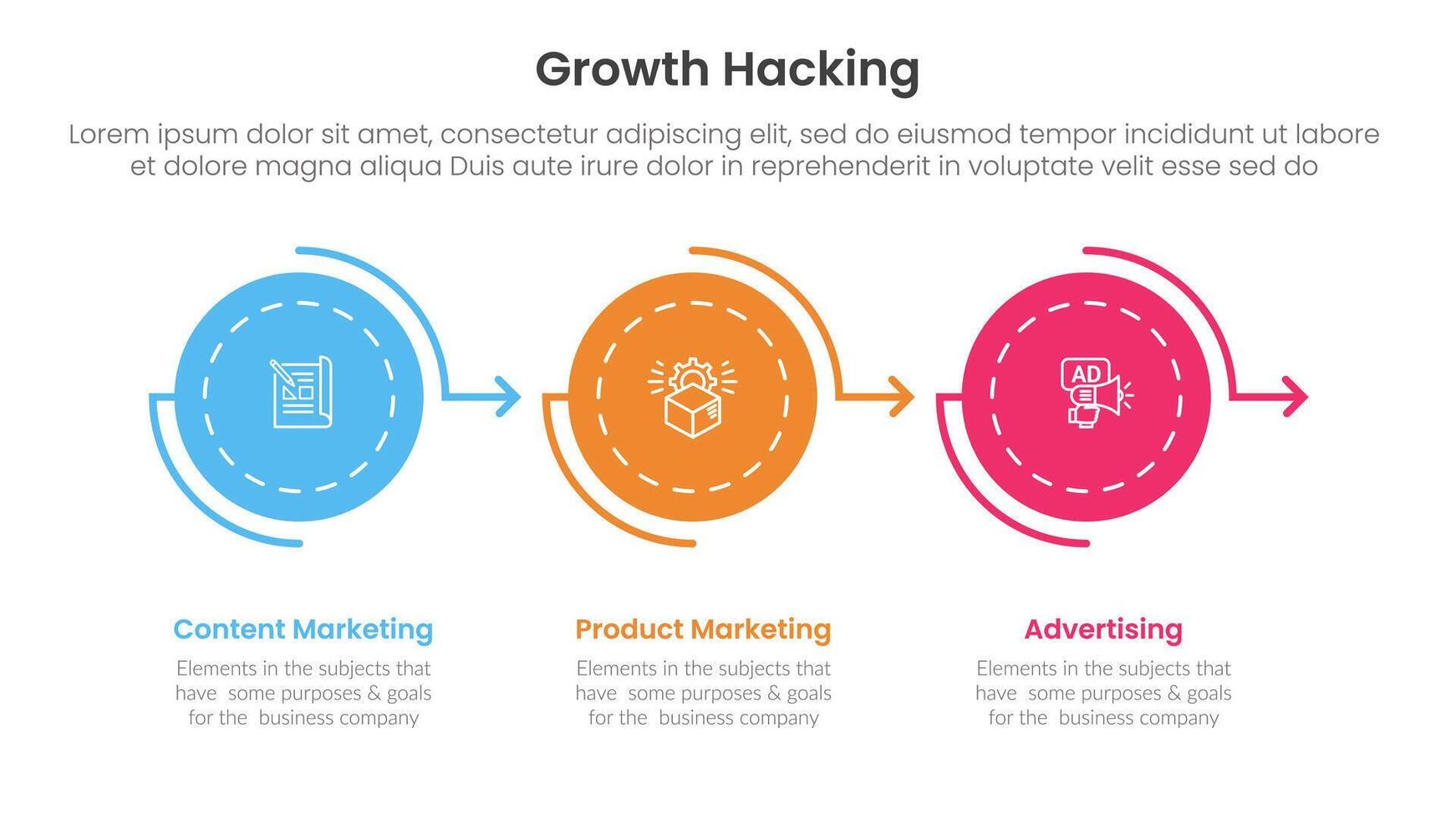 growth hacking infographic 3 point with circle arrow right direction on horizontal line for slide presentation vector