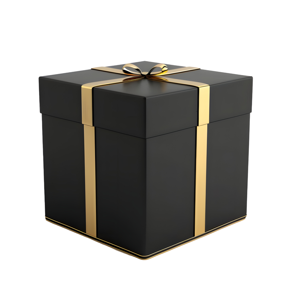 A black gift box with golden ribbon's on transparent background png