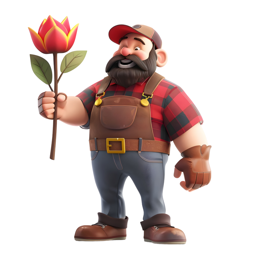 3D Cartoon Lumberjack Character caught a flower on transparent background png