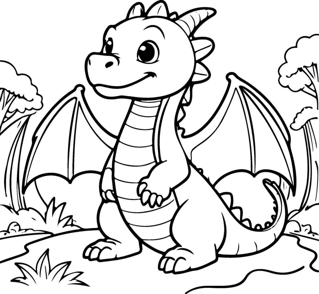A cartoon dragon coloring page vector