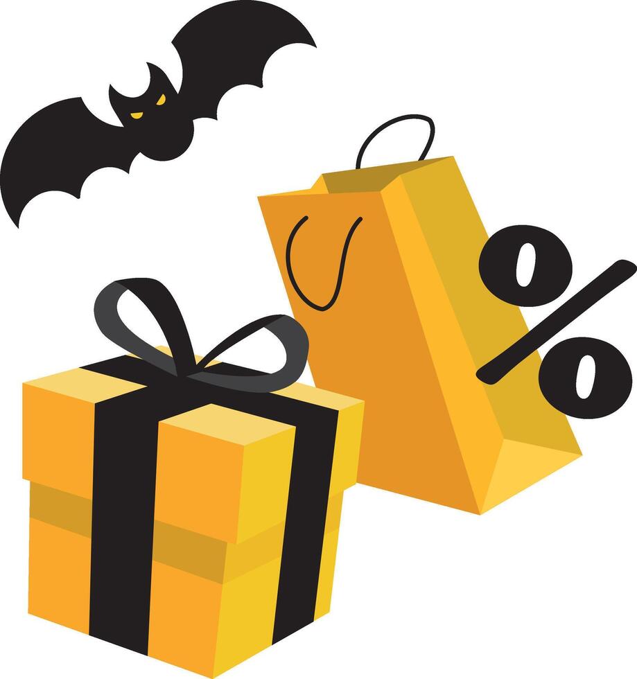 Halloween sale banner design with gift box, shopping bag, percent sign and flying bats. Black and orange plastic three dimensional objects vector