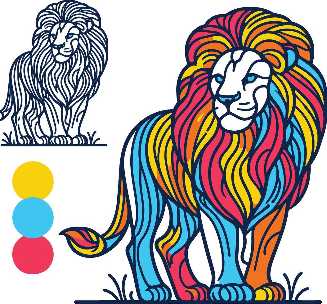 lion drawing colorful digital art with pencil line art blank background vector