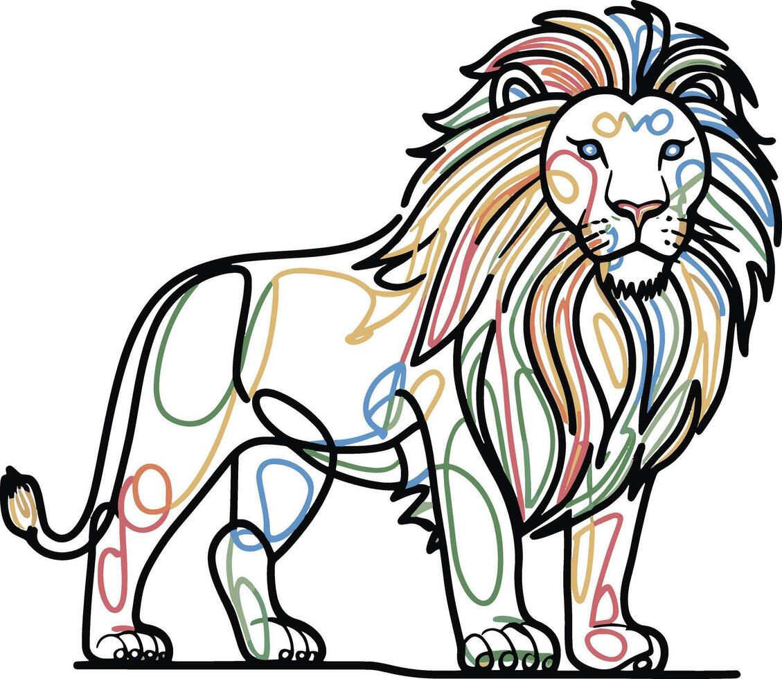 lion drawing colorful digital line art blank background vector