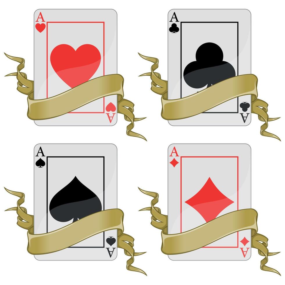 Poker cards with ribbons, poker symbols of heart, diamond, clover and ace vector