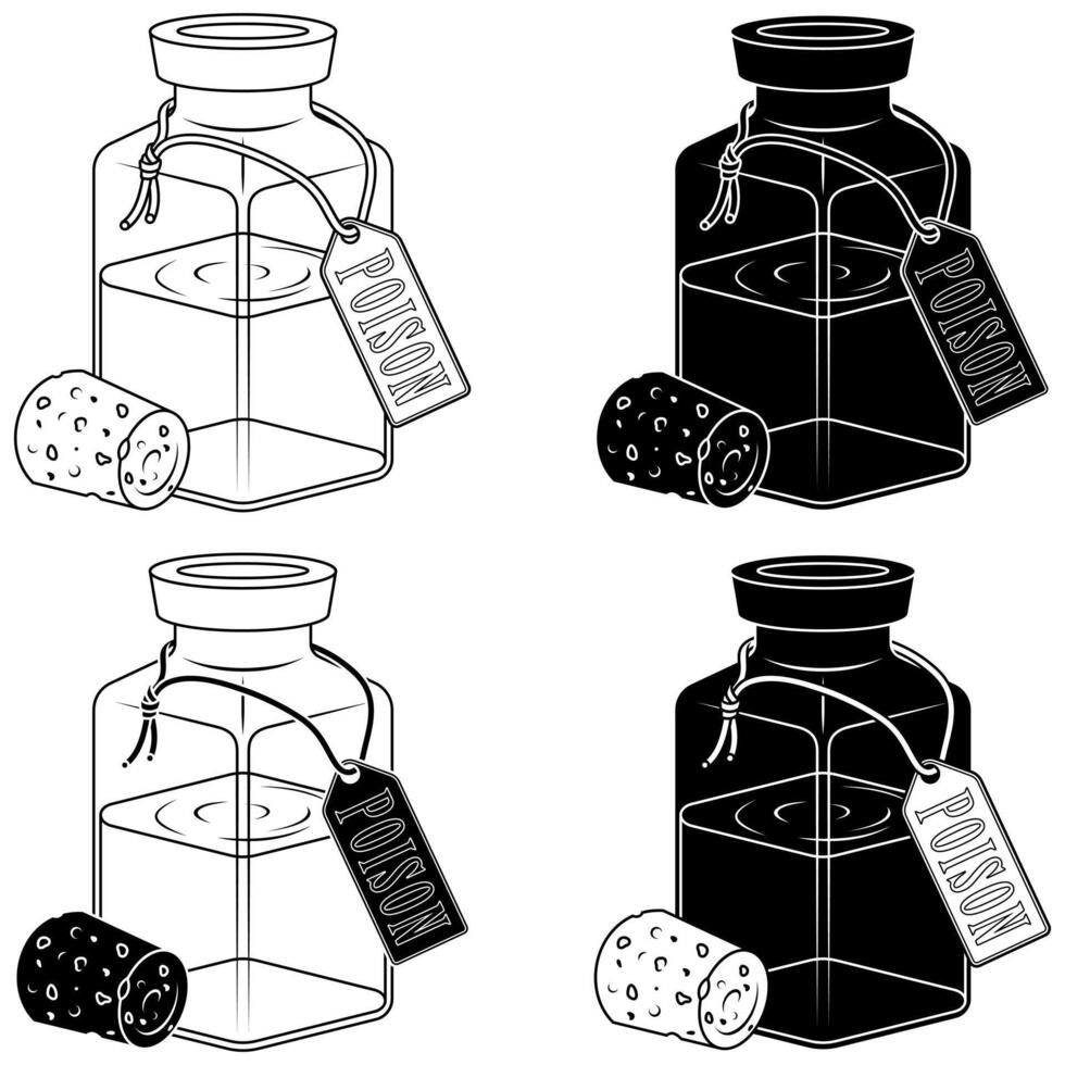 Glass bottle with magic liquid substance, magic potion container with label vector