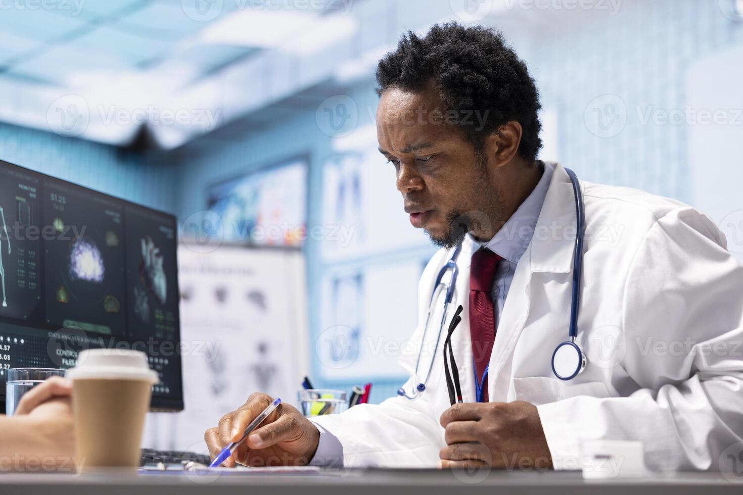 Medical expert discussing about diagnostics treatment with patient in cabinet, reviewing the test analysis reports during a consultation. Medic specialist supporting woman with illness. photo
