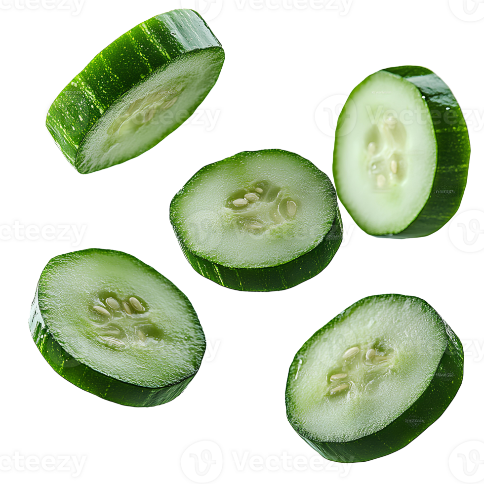 Falling cucumber pieces . Cucumber slices falling from the top for organic vegetable campaign full of vitamins. Cucumber slices flying . Cucumber pieces falling isolated png