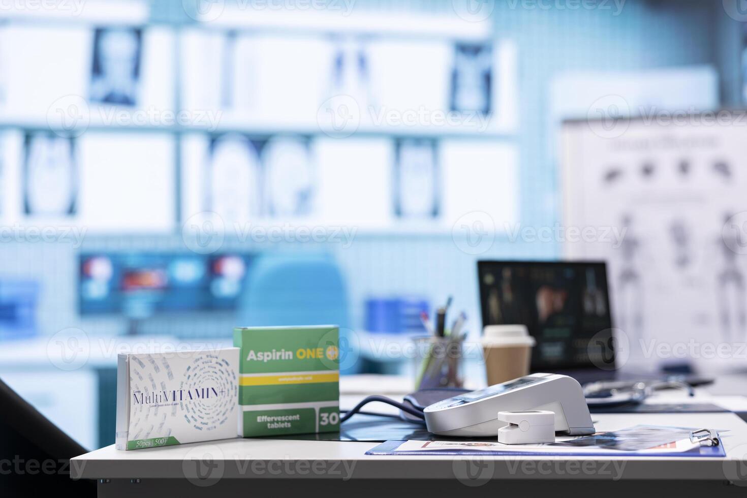 Empty doctor office featuring modern medical equipment and drugs, ready for the next patient consultation. Highlighting advanced diagnostics, healthcare services and patient care management. photo