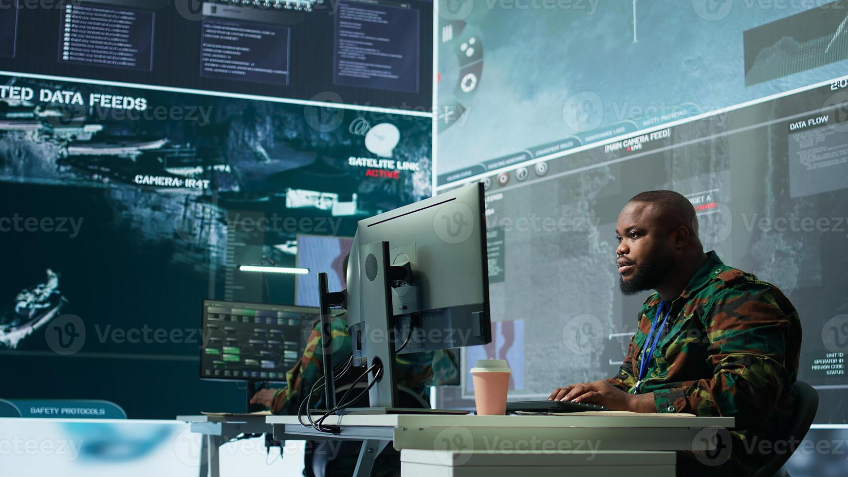 Group of soldiers in a secure office environment collaborates on intelligence analysis, and strategic planning. Crucial efforts for maintaining national security and operational efficiency. Camera B. photo