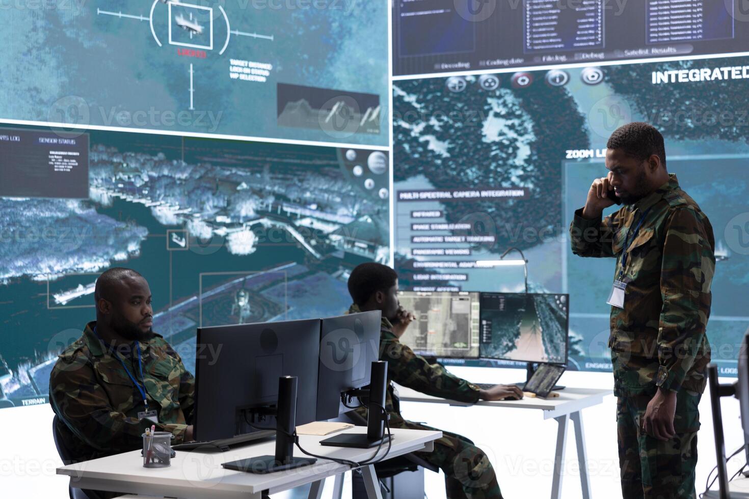 Intelligence experts in a control room managing surveillance operations, analyze real time data and coordinate security measures. Protecting national interests with cctv satellite radar. photo