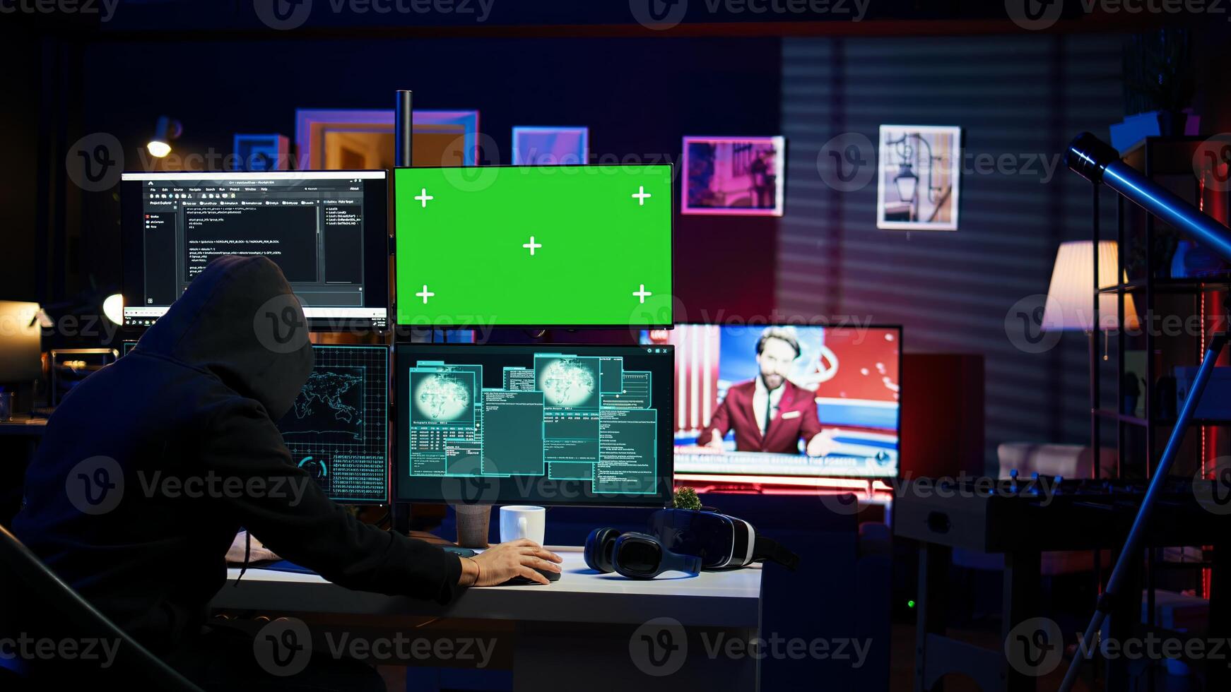 Spy using green screen PC in secret hideout to steal valuable data by hacking, getting attacks rejected by security. Hacker using mockup monitor seeing access denied error message, camera B photo