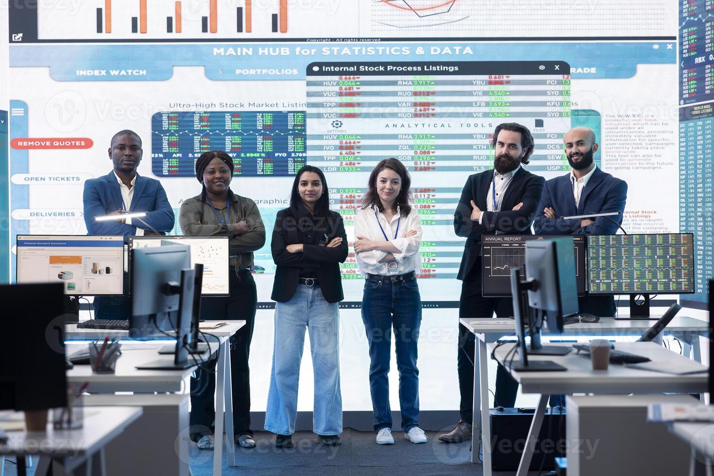 Diverse group of business professionals posing together in monitoring room, multinational company headquarters. Executive management team working with big data screen in the office. photo