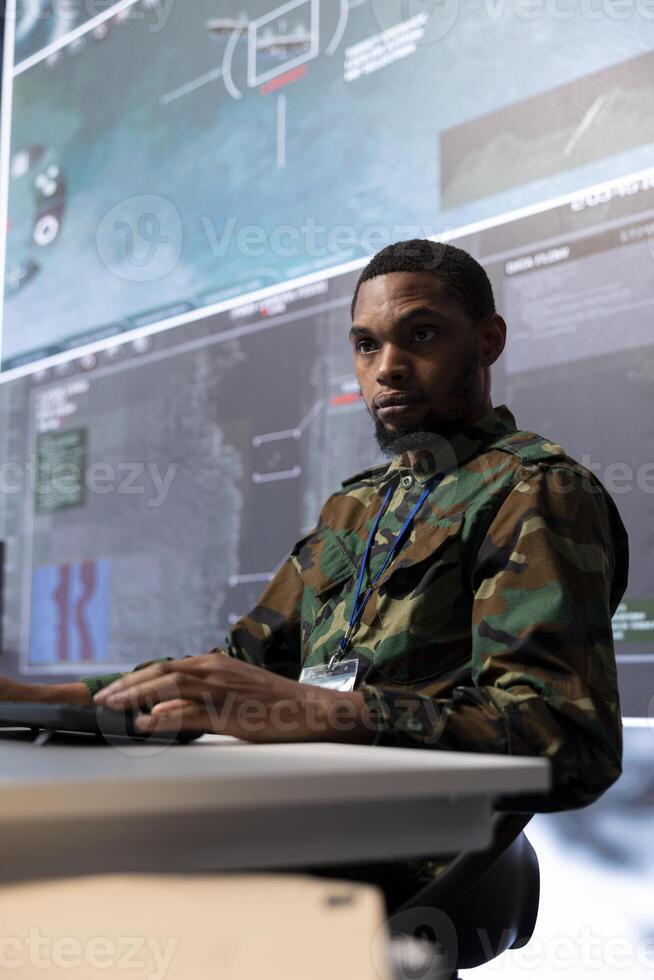 Officer monitoring real time cctv surveillance for intelligence gathering, ensuring important data for radar satellite. Employing high tech gear and big screen, supporting military operations. photo