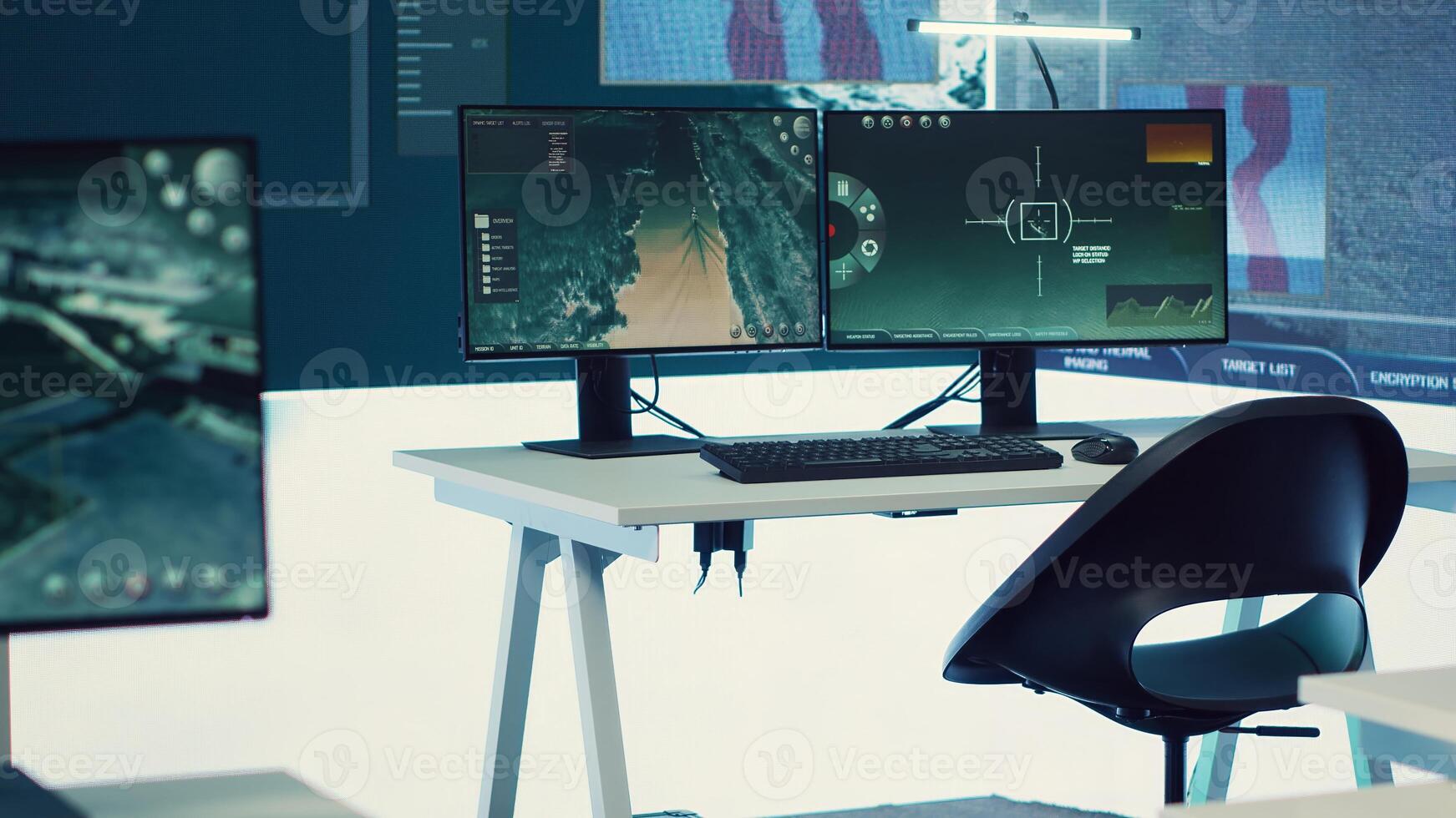 Government army headquarters monitoring room with big screen examining satellite footage for threat oversight. Federal military agency command center with high tech to accomplish missions. photo