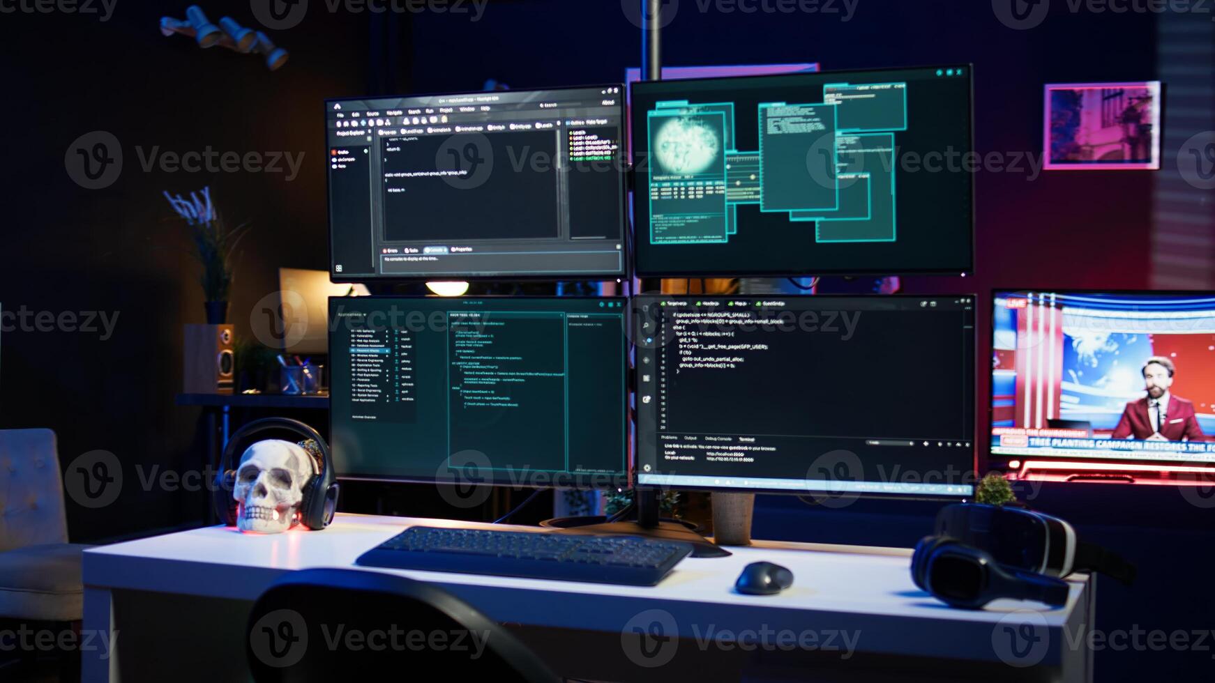 Close up of dangerous hacking lines of code running on computer monitors in criminal den. Programming scripts shown on PC displays in empty hideout used by cybercriminals to steal data photo