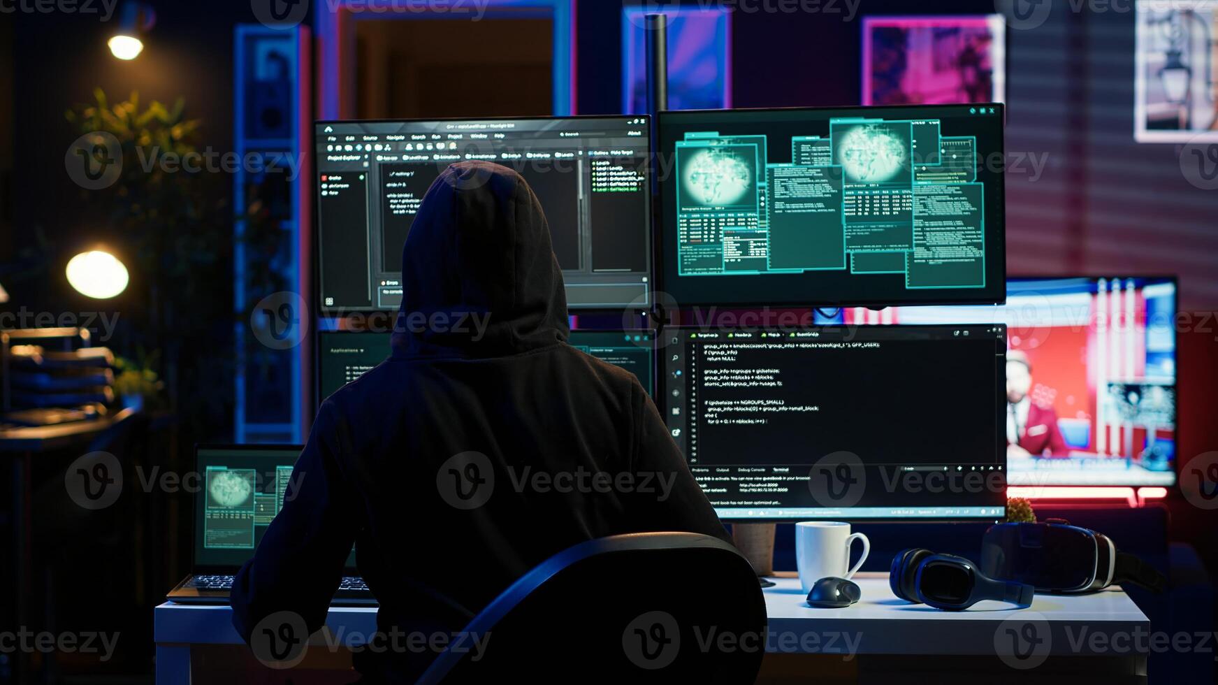 Hacker arriving in hidden underground shelter, prepared to launch DDoS attack on websites. Cybercriminal in apartment starting work on script that can crash businesses servers, camera A photo