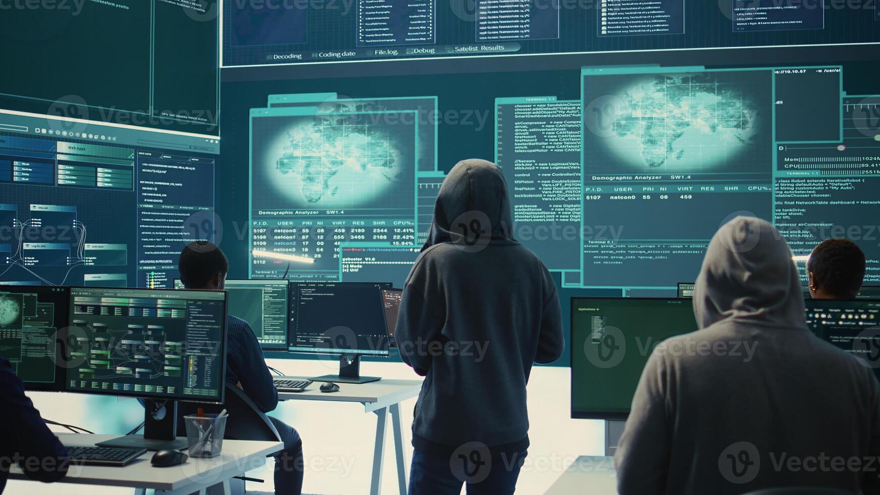 Disappointed team of governmental hackers failing to access database and servers in high tech office, work with big screen to steal passwords for hybrid warfare. Frustrated experts. Camera B. photo