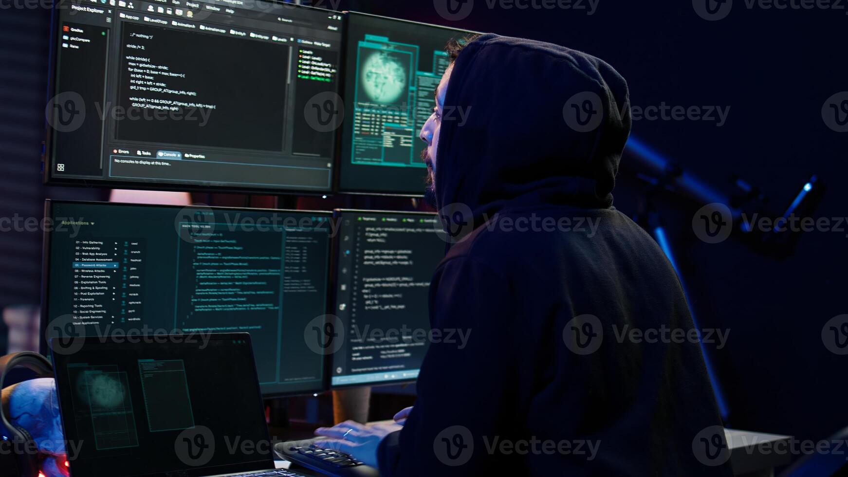Hacker arriving in hidden underground shelter with laptop, prepared to launch malware attack on websites. Scammer in apartment starting work on dangerous script that can breach security, camera B photo