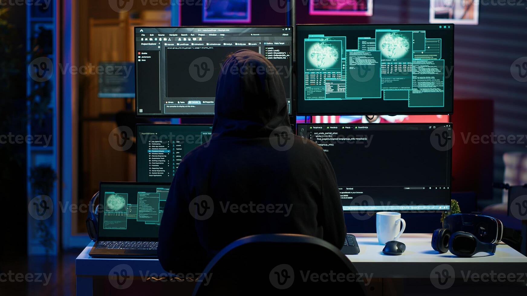 Hacker arriving in hidden underground shelter with laptop, prepared to launch malware attack on websites. Scammer in apartment starting work on dangerous script that can breach security, camera A photo