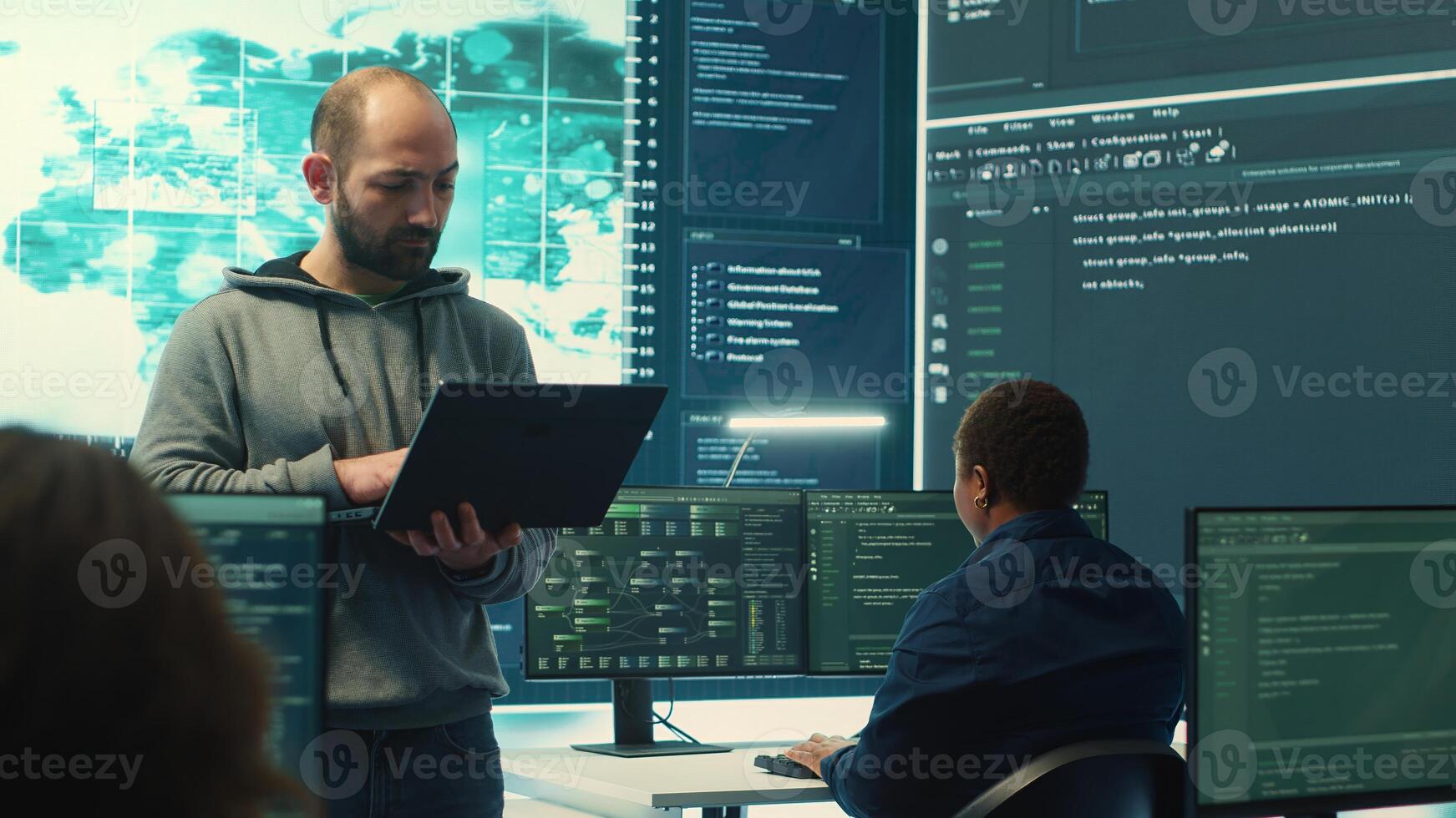 Hackers group using ransomware and phishing tactics to compromise computer networks and gather intelligence for national security and protection during cyberwarfare. Governmental spyware. Camera A. photo