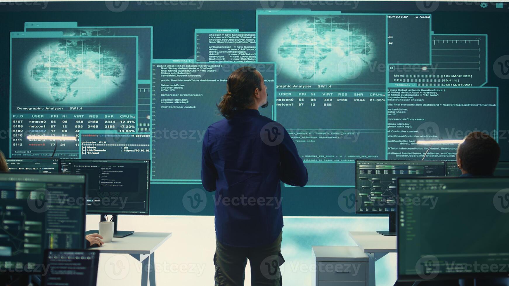 Governmental hackers at work planning advanced cyber attacks on servers infrastructure to gather intelligence, high tech spyware concept. Specialists hacking accounts for cyberwarfare. Camera B. photo